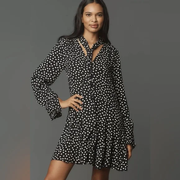 NWT Anthropologie Long-Sleeve Tie-Neck Swing Mini Dress Black And White Size Med - Picture 4 of 14
